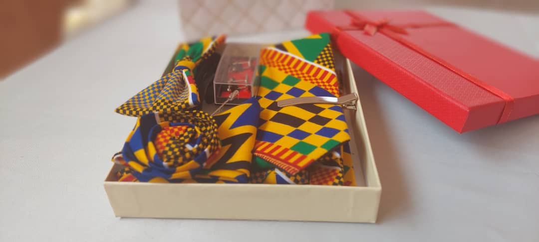 african fabric tie package with bow tie and lapel pic